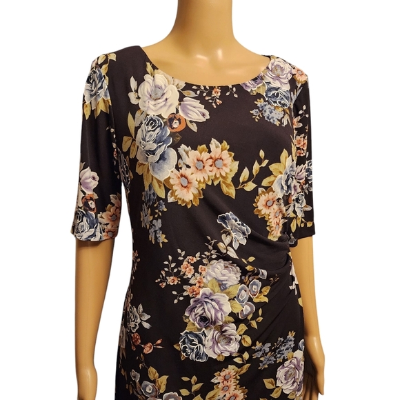 Connected Apparel Deep Pruple Faux Wrap Flroal Stretchy Dress Size 8P - Picture 6 of 15